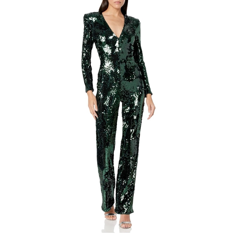BCBGMaxAzria Green Sequin Jumpsuit with Long Sleeves